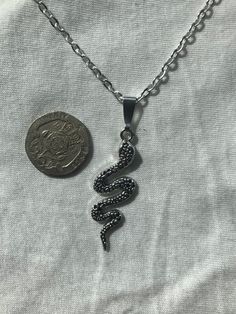 Snake silver pendent and chain.Available in 18", 20" and 24" chains.Please see the second picture for size reference. Edgy Silver Pendant Necklace, Silver Punk Chain Necklace Gift, Silver Punk Chain Necklace For Gift, Silver Punk Style Chain Necklace Gift, Silver Stainless Steel Punk Necklaces, Punk Style Silver Stainless Steel Necklaces, Punk Style Silver Nickel-free Necklace, Nickel-free Silver Punk Necklace, Punk Style Silver Stainless Steel Necklace