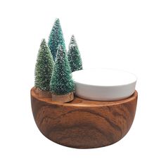 three small trees in a wooden bowl with a white plate on the bottom and one green tree