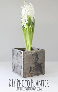 a flower in a wooden box with the words diy photo planter on it