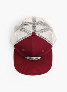 - Burgundy crown- Beige mesh for breathability- Medium profile- Structured 6-panel- Merrowed-edge woven patch- Woven flag at back- Flat bill- One size fits most Breathable Mesh Snapback Hat For Baseball Season, Trucker Style Mesh Baseball Cap, One Size Fits Most Six-panel Mesh Baseball Cap, Sporty Mesh Baseball Cap With Logo Patch, Mesh Six-panel Baseball Hat, Mesh Six-panel Baseball Cap For Streetwear, Mesh Six-panel Hats For Baseball Season, Mesh Snapback Hat With Logo Patch And Curved Brim, Breathable Mesh Six-panel Baseball Cap