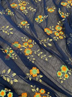 power mesh, navy floral power mesh fabric, orange floral pattern, 4 way stretch fabric, power mesh online store usa, blue color fabric, kiki textiles, soft mesh fabric Blue Floral Embroidered Dupatta For Summer, Summer Blue Dupatta With Floral Embroidery, Summer Floral Print Multicolor Dupatta, Multicolor Embroidered Fabric For Spring Festivals, Spring Festive Multicolor Embroidered Fabric, Blue Embroidered Fabric With Sheer Dupatta For Festivals, Spring Festive Orange Dupatta, Multicolor Summer Festive Dupatta, Spring Multicolor Embroidered Dupatta