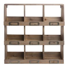 a wooden shelf with several drawers on it