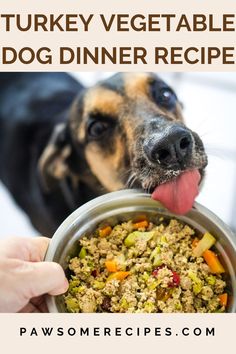 a dog eating out of a bowl with his tongue sticking out and the words, turkey vegetable dog dinner recipe