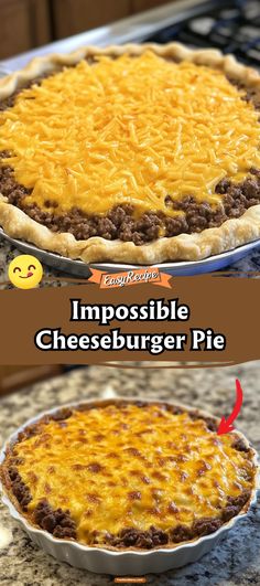 an impossible cheeseburger pie is shown in two different images, one with the same crust