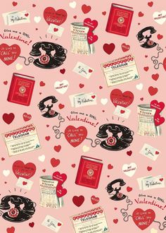 valentine's day fabric with red and white hearts, books, and other items