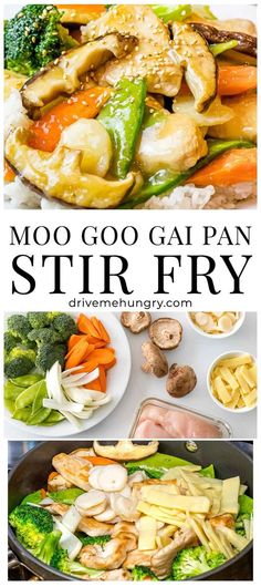 stir fry with mushrooms, broccoli and carrots in the middle is an image that says moo go gai pan stir fry