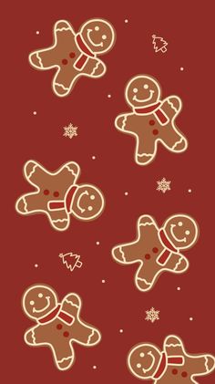 a red background with gingerbreads and snowflakes on the bottom right corner