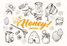 honey sketched on white paper with the words honey written in orange and surrounded by bees