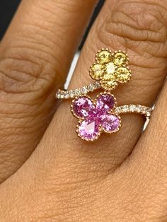 Pink and Yellow Sapphire Flower Diamond Ring in 18K Rose Gold For Sale at 1stDibs Pink Multi-stone Sapphire Diamond Ring, Pink Multi-stone Sapphire Ring With Diamond, Pink Sapphire Multi-stone Ring With Diamond, Flower Shaped Diamond Ring With Multi-stones, Diamond Multi-stone Flower Ring, Pink Diamond Flower Shaped Ring, Pink Diamond Flower Ring For Anniversary, Luxury Pink Diamond Flower Ring, Fine Jewelry Pink Diamond Flower Ring