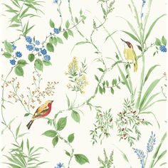 a painting of birds and flowers on a white background with green leaves, blue berries, and red berries