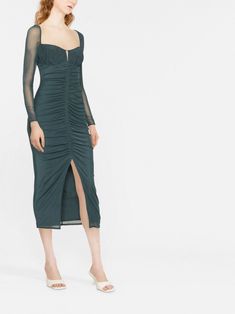 Self-Portrait Ruched Midi Dress - Farfetch Pencil Midi Dress, Midi Dress Green, Self Portrait Dress, Ruched Midi Dress, Green Midi Dress, Woven Top, Sweetheart Neck, Woman Colour, Self Portrait