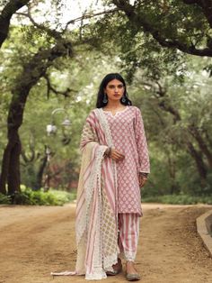 Adya Pink Block Printed Cotton Kurta Set (Set of 3) By Gulabo Jaipur now available at Trendroots Jaipuri Lehenga, Suit Anarkali, Cotton Kurta Set, Printed Palazzo Pants, Printed Kurti, Pink Set, Cotton Kurta, Suit Fabric, Designer Dresses Indian