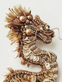 Beaded gold dragon pin is the great jewelry for women and men!This large Chinese Dragon Brooch will be a star of any your outfit!The length is 12 cm (4,72 inches)The width is 6 cm (2,36 inches) Embroidery Symbols, Textiles Coursework, Embroidery Tips And Tricks, Embroidery Pins, Dragon Brooch, Bead Animals, Modern Royalty, Moray Eel, Tambour Beading