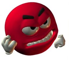 a red ball with an angry look on it's face and hands in the air