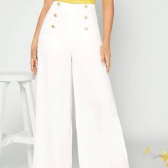 Zara Button Culottes White Button-up Pants For Work, White Pants With Button Cuffs For Work, Summer High Waist Wide Leg Pants With Button Closure, White Wide Leg Pants With Buttons, Chic Button-up Solid Pants, Chic Wide Leg Pants With Buttons For Spring, White Button-up Summer Pants, Chic Spring Wide Leg Pants With Buttons, Chic Summer Bottoms With Button Zip Fly