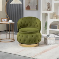 a green chair sitting on top of a white rug