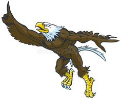 an eagle mascot flying in the air with its wings spread out and talons outstretched