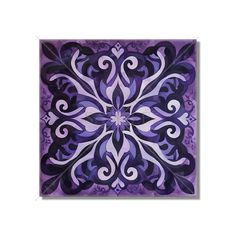 a purple and black square tile with swirls on the center, in an ornate pattern