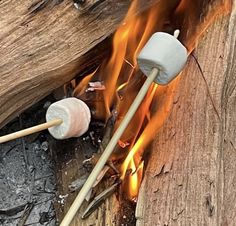 two marshmallows sitting on sticks in front of an open fire