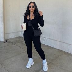 New With Tags Black Jumpsuit Black Jumpsuit Outfit With Jordans, Black Full Bodysuit Outfit Ideas, Casual Date Outfit Sneakers, Lazy Shopping Outfit, Legging Jumpsuit Outfit Fall, Black Bodysuit Romper Outfit, Aritzia Contour Bodysuit Outfit, Black Jumpsuit Photoshoot, Black Jumpsuit Fall Outfit