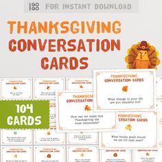 thanksgiving conversation cards with the words, thanksgiving conversation cards and an image of a turkey