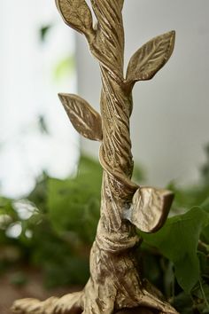 a gold colored tree branch with leaves on it's end and the top part of its trunk