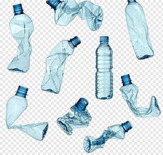 several empty water bottles are shown on a white background, including one with no lid