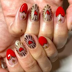 Chappell Roan Kink Is My Karma Nails, Old Fashion Nail Designs, Red Chili Pepper Nails, Nontraditional Christmas Nails, Nail Inspo Maximalist, Neon Red Nails Art Designs, Mexican Christmas Nails, Traditional Tattoo Nail Art, Funky Fall Nail Designs