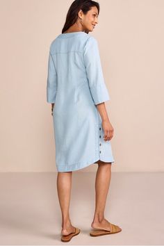 This knee-length dress moves and drapes beautifully with soft and lightweight TENCEL™ Lyocell fabric. Complete with a V-neck, 3/4-length sleeves and button accents at the side seams. TENCEL™ is a trademark of Lenzing AG. Getaway Dress, Lyocell Fabric, Soft Surroundings, Positano, Knee Length Dress, Knee Length, Length Sleeve, V Neck, Fabric