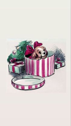 a drawing of a dog in a pink and white striped gift box with christmas trees