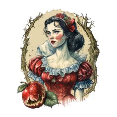 a drawing of a woman in a red dress with an apple next to her face