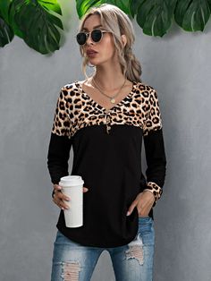 Button Front Contrast Leopard Tee | SHEIN USA Ruffle Trim Top, Drop Shoulder Tee, Shein Style, Solid Tops, Trendy Fashion Women, Sleeves Pattern, Women Tops, Long Sleeve Crop Top