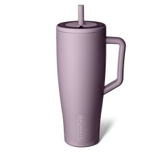 a purple coffee cup with a handle on the side and a straw sticking out of it