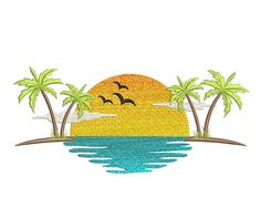 an island with palm trees and birds flying over it in the sunset embroidery design pattern