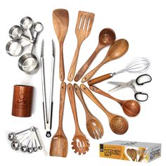 wooden utensils and spoons are arranged in a circle