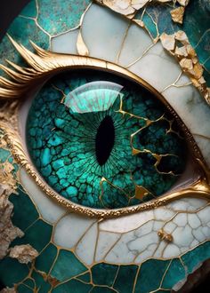 an eye with green and gold details on it