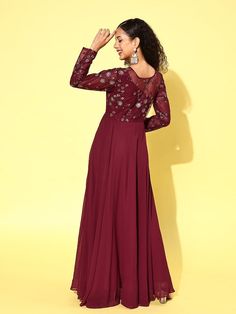 Maroon floral embroidered fit and flare Ethnic DressRound neckLong, regular sleevesSequined detailMaxi length in flared hemGeorgette fabric Ethnic Dress, Anarkali Suit, Georgette Fabric, Festival Wear, Fit & Flare, Shapewear, Lehenga, Fit And Flare, Dresses For Sale