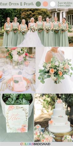 the bride and her bridal party are all dressed in mint green, peach and white