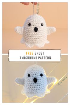 two crocheted ghost ornaments hanging from strings with the text free ghost amigurmi pattern