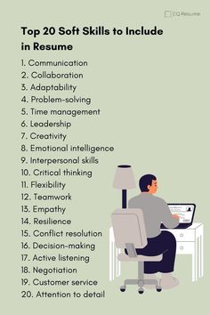 a person sitting at a desk with a laptop on it and the words top 20 soft skills to include in resume