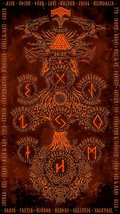 an orange and black poster with symbols in the shape of a tree on top of it