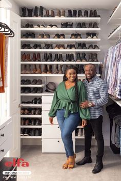 a man and woman standing next to each other in a closet with shoes on the shelves