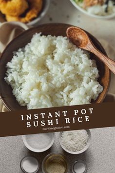 instant pot sushi rice in a wooden bowl with spoons and small bowls on the side