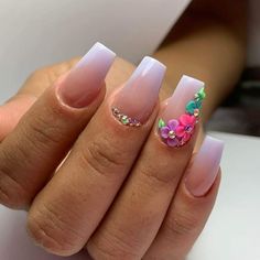 Summer Nails With 3d Flowers, Short Coffin Nails Designs, Turquoise Nails, Sassy Nails, Simple Acrylic Nails, Acrylic Nails Coffin Pink, Bling Acrylic Nails, Pretty Nail Art