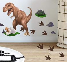 a dinosaur wall decal in a child's room with other dinosaurs and rocks