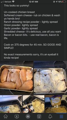 an image of chicken in the oven with instructions on how to cook it and what to use