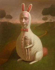 a painting of a rabbit holding a man in the middle of a field with trees