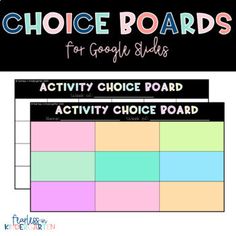 an activity board with the words, choice boards for googley slides and other activities