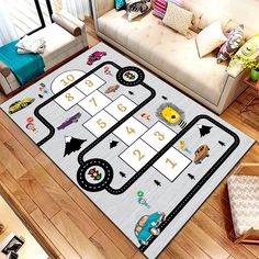 a rug with cars and numbers on it in the middle of a living room area