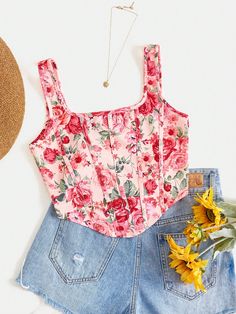 Multicolor Boho Collar  Knitted Fabric Floral,All Over Print Tank Embellished Slight Stretch  Women Clothing Vacation Tank Top, Casual Preppy Outfits, Tube Top Dress, Women Tank Tops, Fabric Floral, Print Tank, Kids Sleepwear, Preppy Outfits, Pullover Sweatshirts